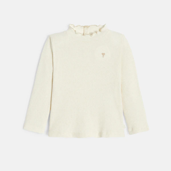 Baby girl's beige flat rib T-shirt with wavy collar