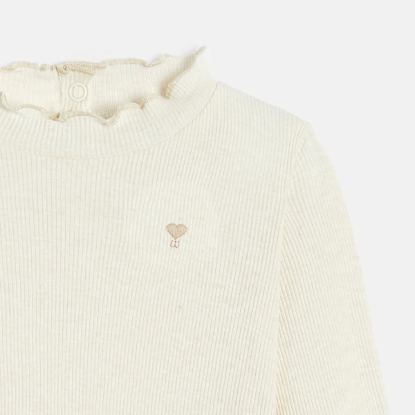 Baby girl's beige flat rib T-shirt with wavy collar