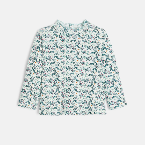 Baby girl's green printed flat rib T-shirt with wavy collar