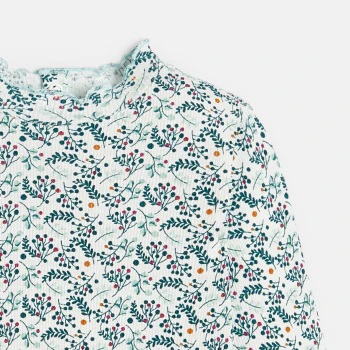 Baby girl's green printed flat rib T-shirt with wavy collar