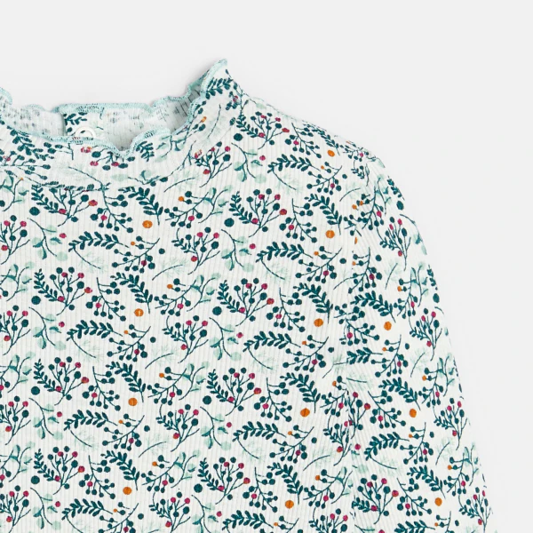 Baby girl's green printed flat rib T-shirt with wavy collar