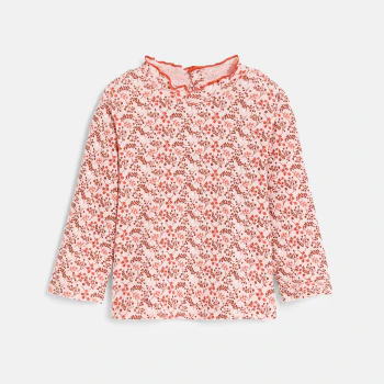 Baby girl's pink printed flat rib T-shirt with wavy collar