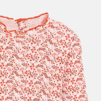 Baby girl's pink printed flat rib T-shirt with wavy collar