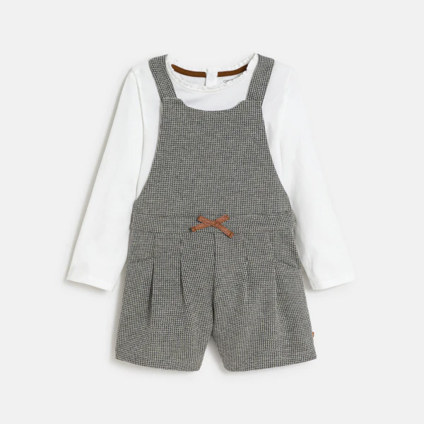 Baby girl's warm patterned overall-shorts and grey T-shirt