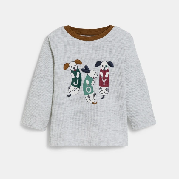 تيشيرت من القطن برسمة للكلاب، باللون الرمادي، للأولاد الصغار