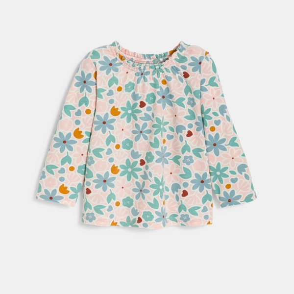 بلوزة بطبعة زهور مع رقبة مطاطية باللون الوردي للفتيات الصغيرات. بلوزة بطبعة زهور مع رقبة مطاطية باللون الوردي للفتيات الصغيرات.