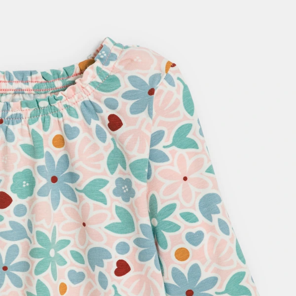 بلوزة بطبعة زهور مع رقبة مطاطية باللون الوردي للفتيات الصغيرات. بلوزة بطبعة زهور مع رقبة مطاطية باللون الوردي للفتيات الصغيرات.