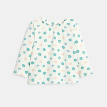 بلوزة بطبعة زهور مع رقبة مطاطية باللون الأبيض للفتيات الصغيرات.