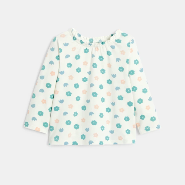 بلوزة بطبعة زهور مع رقبة مطاطية باللون الأبيض للفتيات الصغيرات.