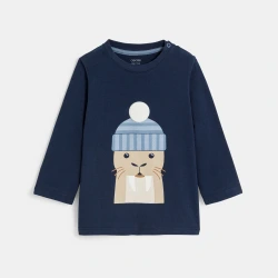 تيشيرت بأكمام طويلة برسمة حيوان القندس باللون الأزرق للأولاد الصغار