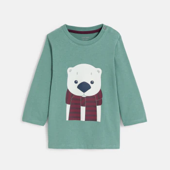 Baby boy's green long-sleeve bear-neck T-shirt