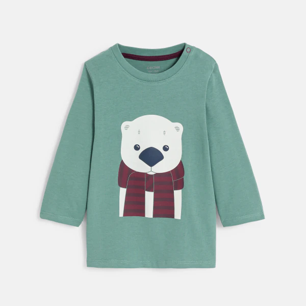 Baby boy's green long-sleeve bear-neck T-shirt