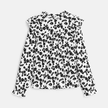 Girl's black printed ruffle blouse