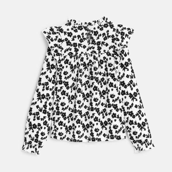 Girl's black printed ruffle blouse