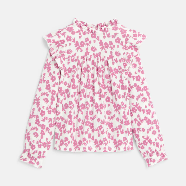 Girl's pink printed ruffle blouse