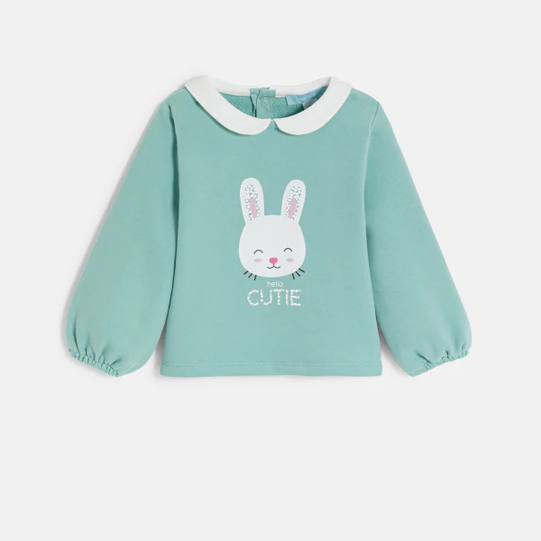 Baby girl's apple green striped fleece sweatshirt with embroidered apple