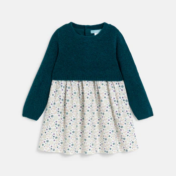 Baby girl's green knit and jersey two-fabric dress