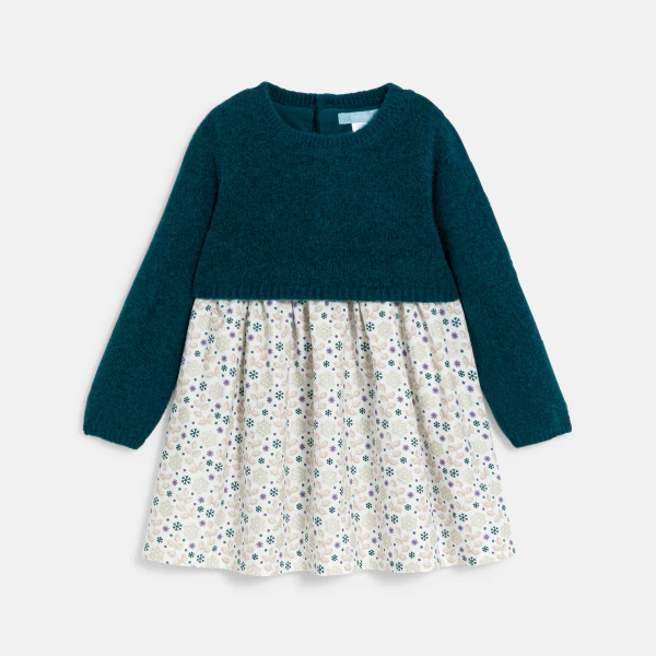 Baby girl's green knit and jersey two-fabric dress