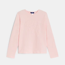 تيشيرت بأكمام طويلة برسمة طائر باللون الوردي للفتيات