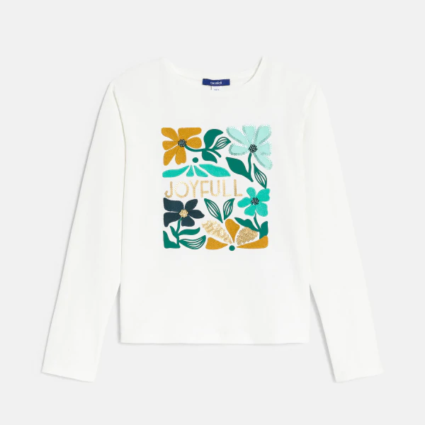 Girl's ecru t-shirt with green flower motif