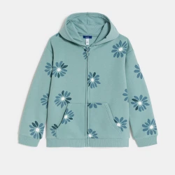 سويت شيرت بغطاء رأس بنقشة الزهور باللون الأخضر للفتيات