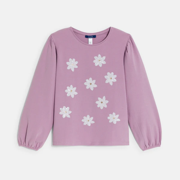 Girl's mauve T-shirt with sequin motif