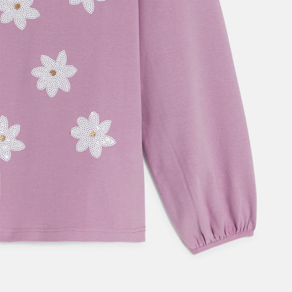 Girl's mauve T-shirt with sequin motif