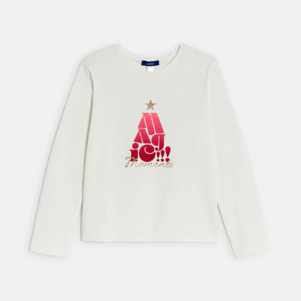 Girl's white Christmas motif T-shirt