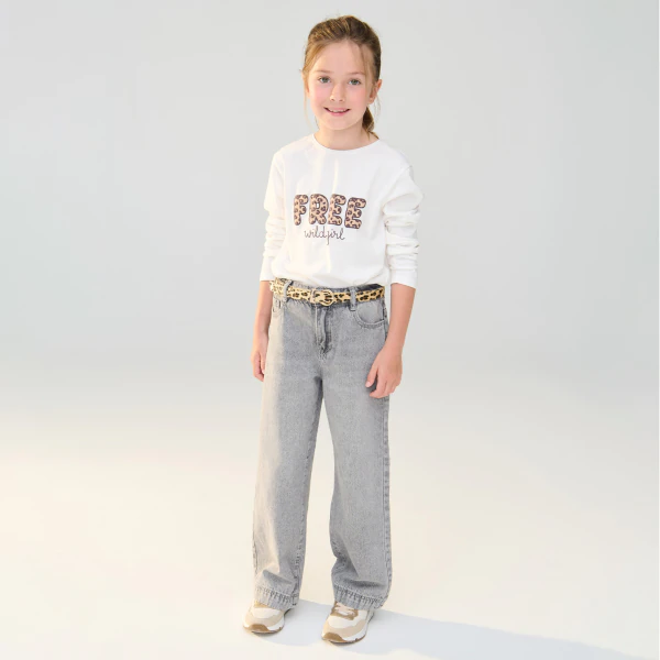 Girl's ecru leopard print slogan T-shirt