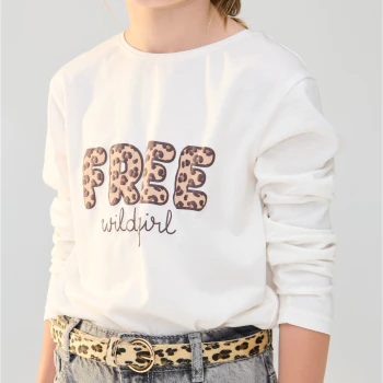 Girl's ecru leopard print slogan T-shirt