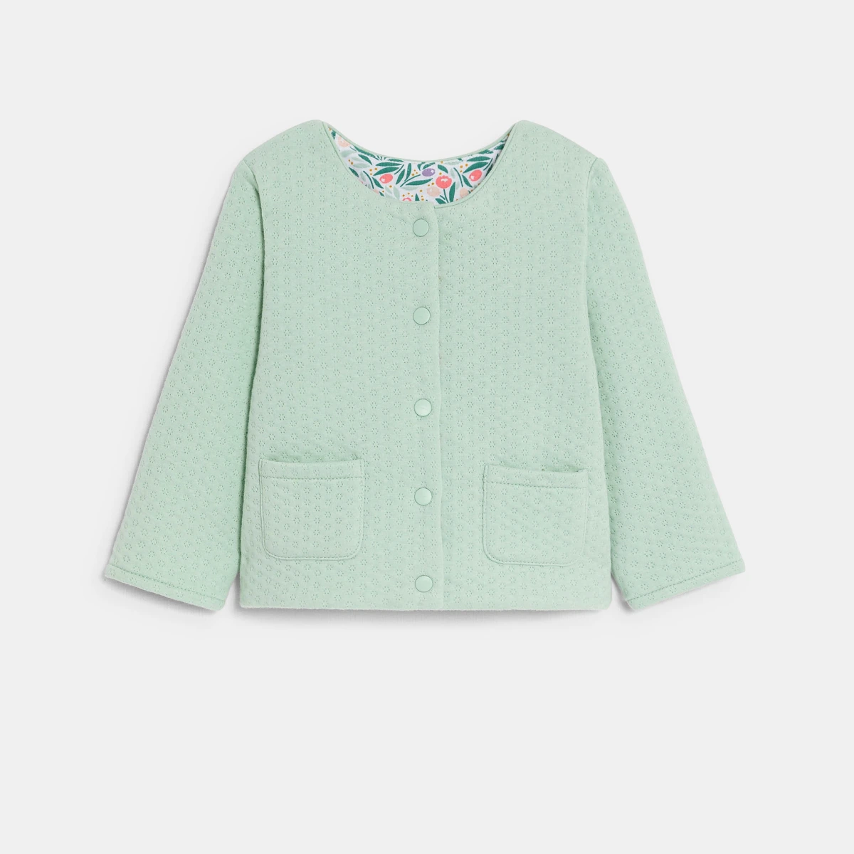 سترة بوجهين وأزرار كبس مع رسوم أزهار، باللون الأزرق للفتيات الصغيرات سترة بوجهين وأزرار كبس مع رسوم أزهار، باللون الأزرق للفتيات الصغيرات