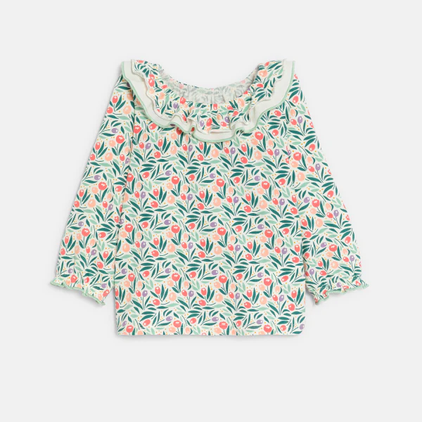 Baby girl's blue floral blouse with ruffle collar