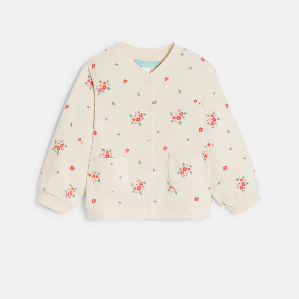 Baby girl's beige printed fleece baseball jacket