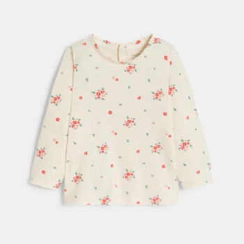 تيشيرت قطن واسع مضلع بطبعة الزهور باللون الأبيض للفتيات الصغيرات