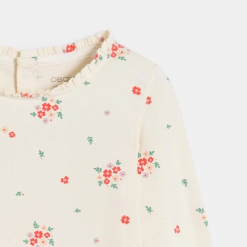 تيشيرت قطن واسع مضلع بطبعة الزهور باللون الأبيض للفتيات الصغيرات