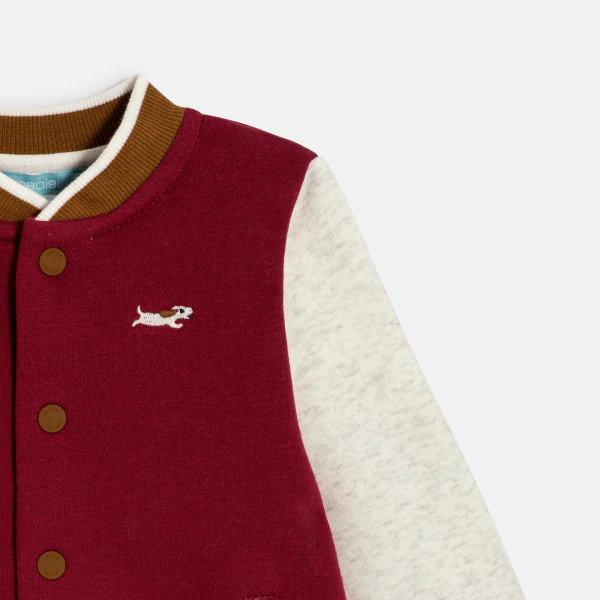 Baby boy's two-tone baseball jacket with red dog print
