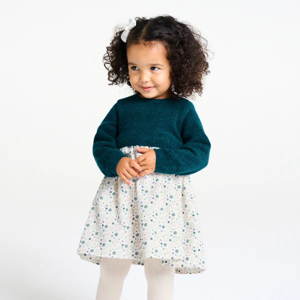 Baby girl's green knit and jersey two-fabric dress