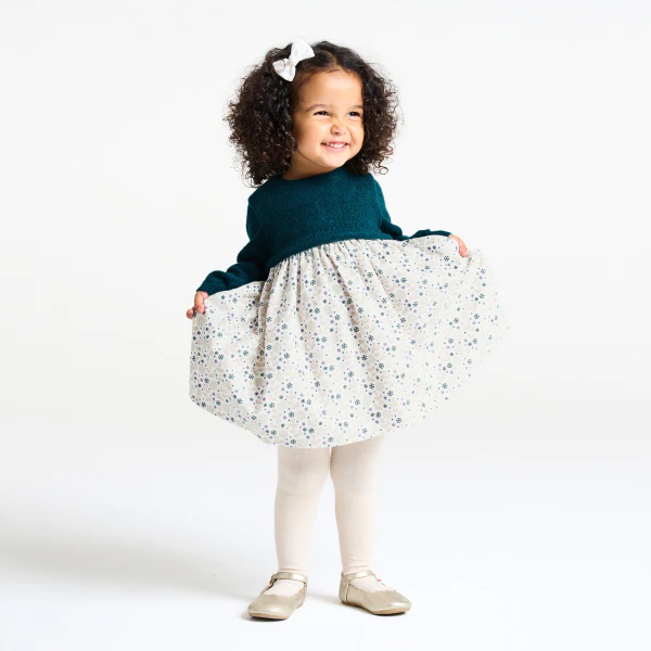 Baby girl's green knit and jersey two-fabric dress