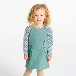 Baby girl's blue velvet dungaree dress and T-shirt
