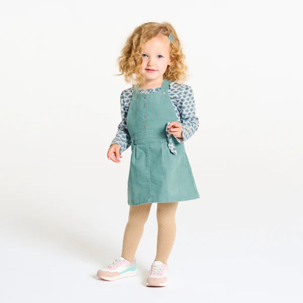 Baby girl's blue velvet dungaree dress and T-shirt