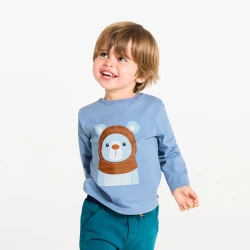 تيشيرت بأكمام طويلة برسمة حيوان باللون الأزرق للأولاد الصغار