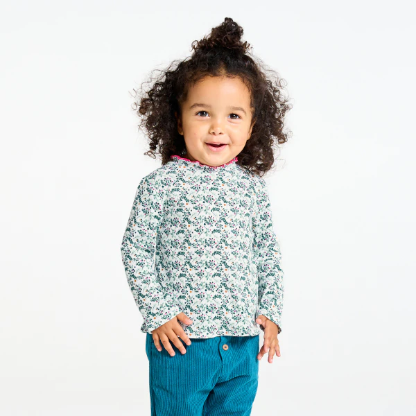 Baby girl's green printed flat rib T-shirt with wavy collar
