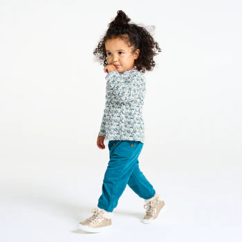 Baby girl's green printed flat rib T-shirt with wavy collar