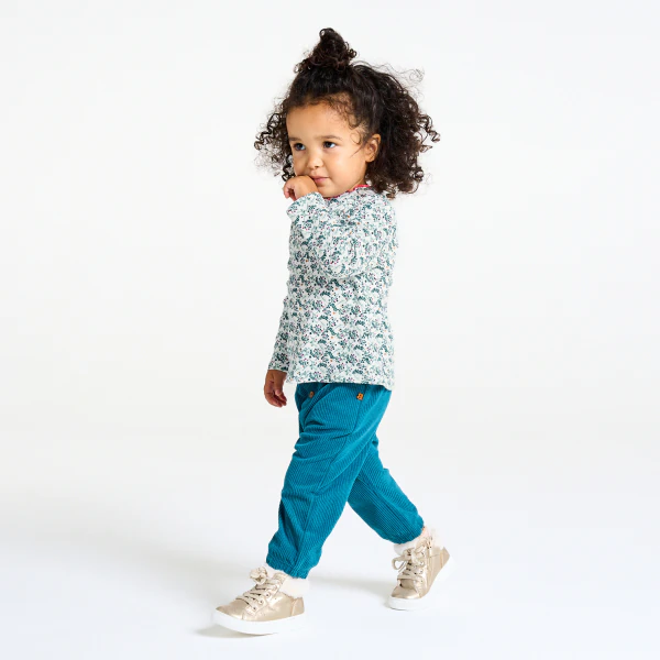 Baby girl's green printed flat rib T-shirt with wavy collar