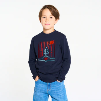 Boy's navy blue rocket T-shirt