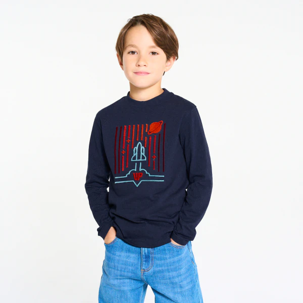Boy's navy blue rocket T-shirt