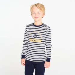 بيجاما من قطعتين للفتيان، من الجرسي، ومُخطط باللون الأزرق الداكن