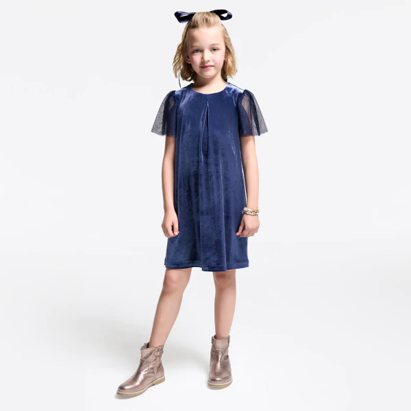 Girl's navy blue smooth velvet dress