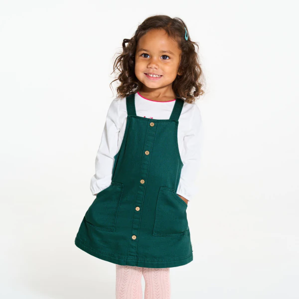Baby girl's green denim pinafore dress