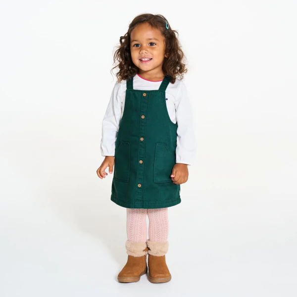Baby girl's green denim pinafore dress